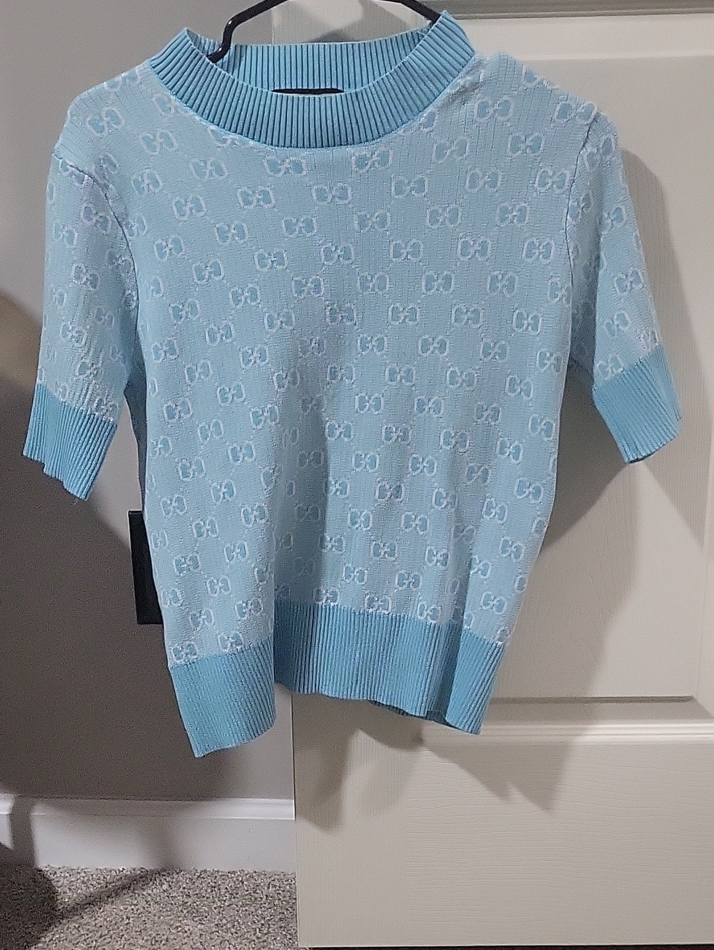 Gucci Light Blue Short-Sleeve Monogram Knit Sweater